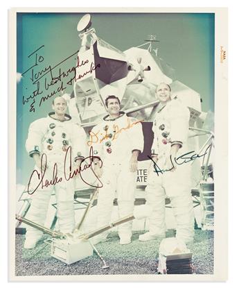 (ASTRONAUTS--APOLLO.) Three color Photographs Signed and Inscribed, by 7 members of the prime crews of Apollo 8, 10, and 12.